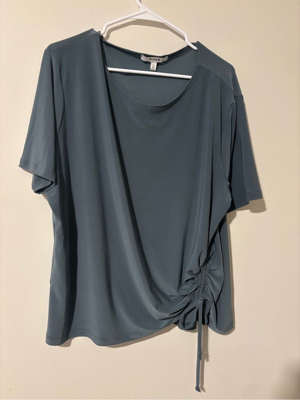 Sympli Slate Blue Short Sleeve Ruched Side Top Size 14